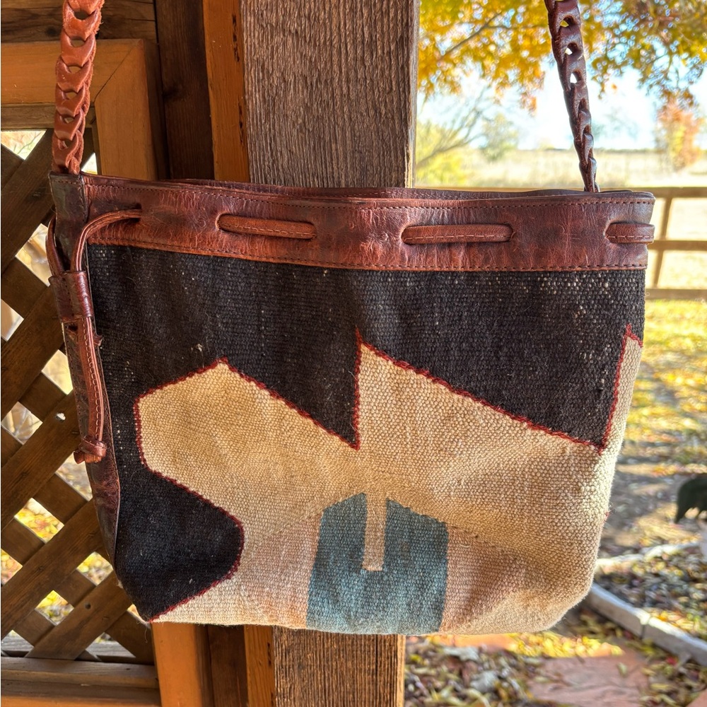 Boho Woven Shoulder Bag with Brown Leather Trim - Black, Cream & Brown